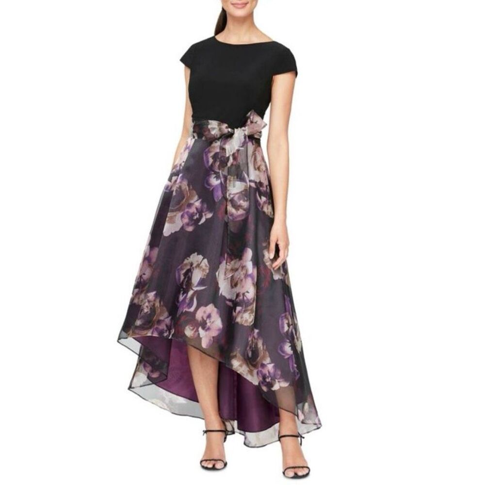 SLNY, Floral Purple & Black Hi-lo Skirt Short Sleeve Fit & Flare Dress Women’s16